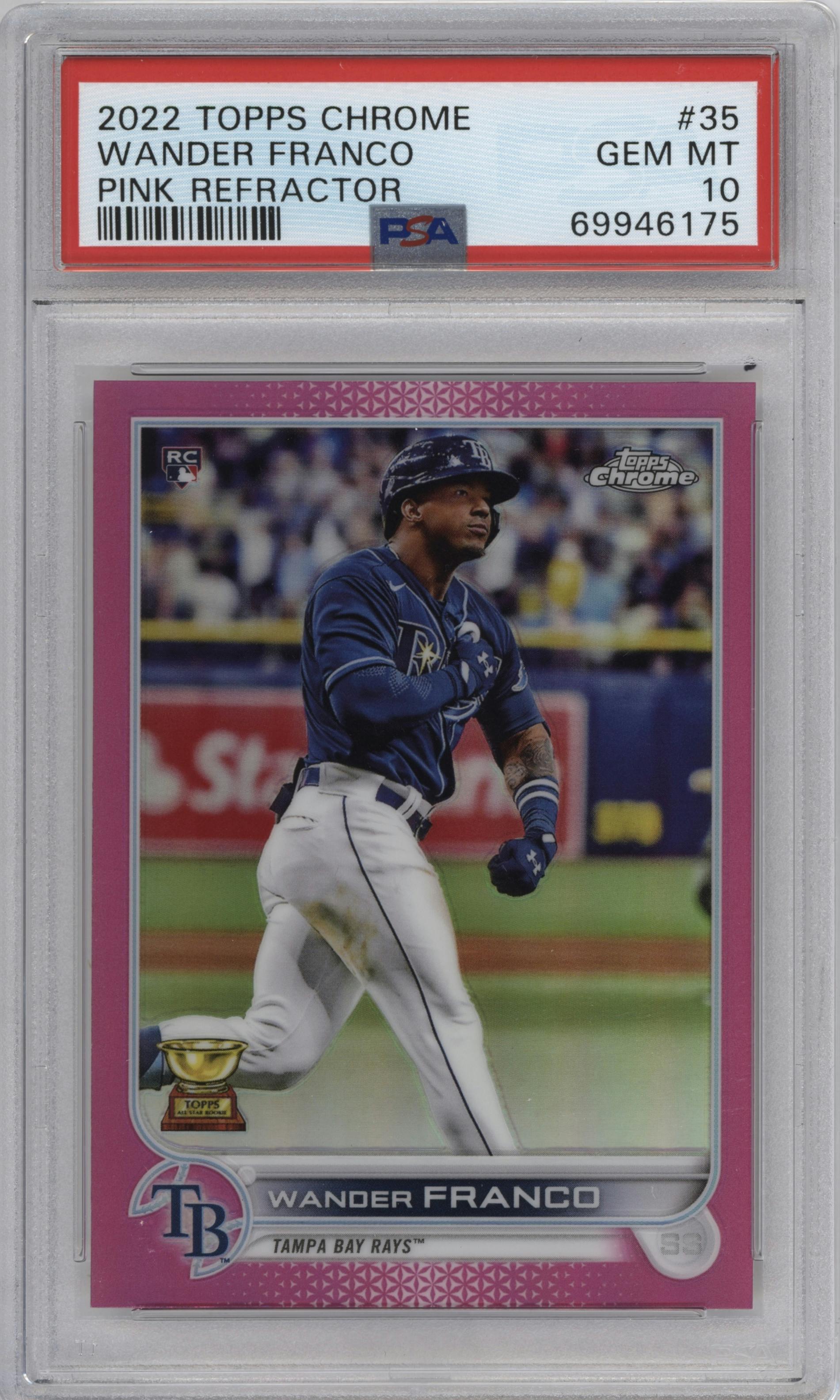 Wander Franco from the 2022 Topps Chrome set featuring a Pink Refractor parallel graded by PSA and given an overall grade of 10.