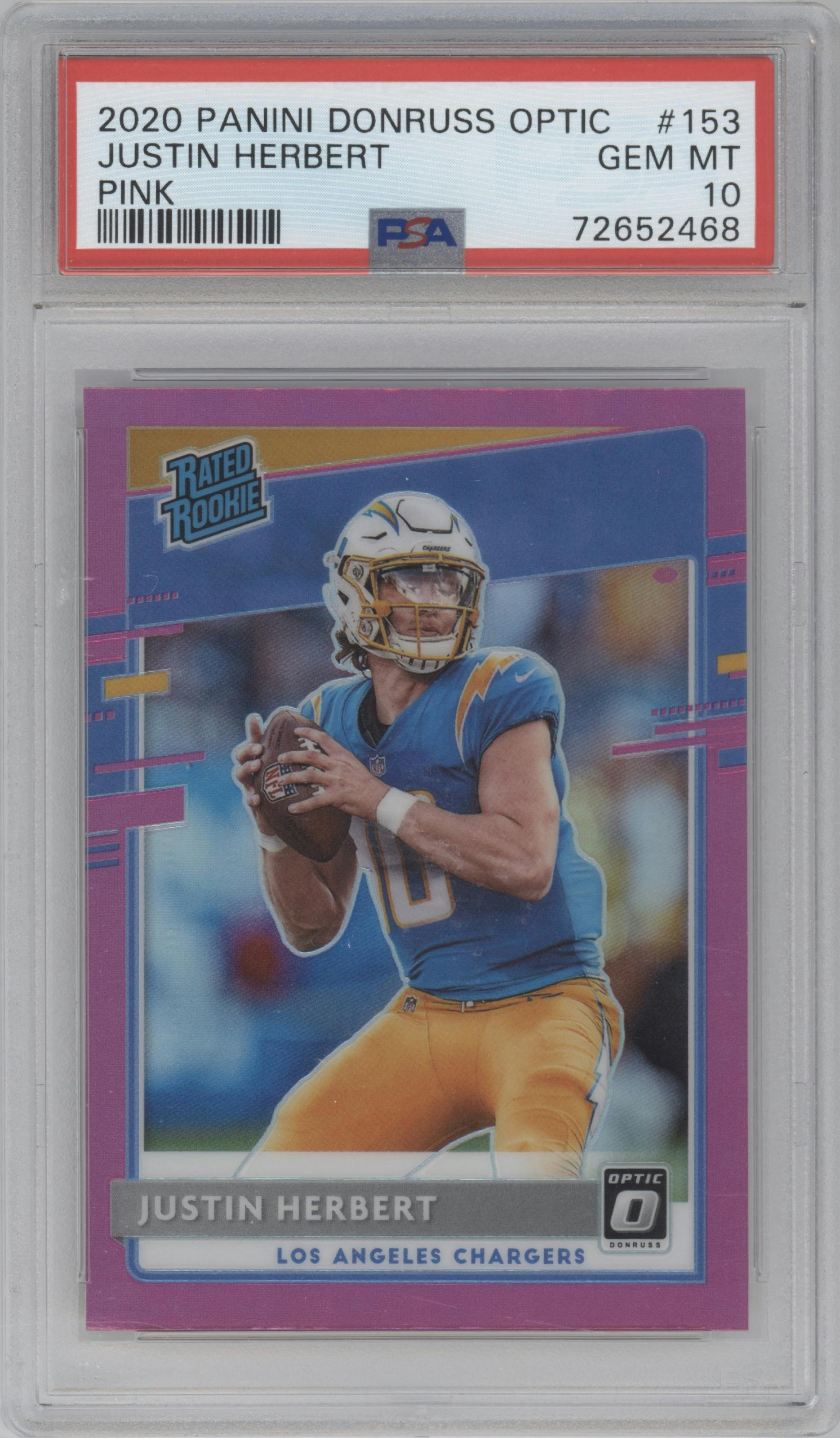 Justin Herbert from the 2020 Panini Donruss Optic set featuring a Pink parallel graded by PSA and given an overall grade of 10.