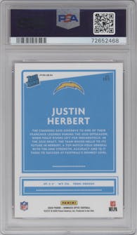 Justin Herbert from the 2020 Panini Donruss Optic set featuring a Pink parallel graded by PSA and given an overall grade of 10.