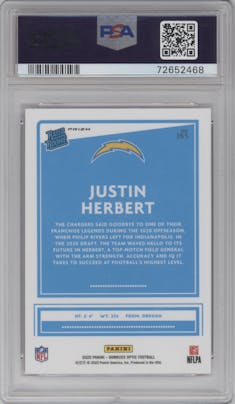 Justin Herbert from the 2020 Panini Donruss Optic set featuring a Pink parallel graded by PSA and given an overall grade of 10.