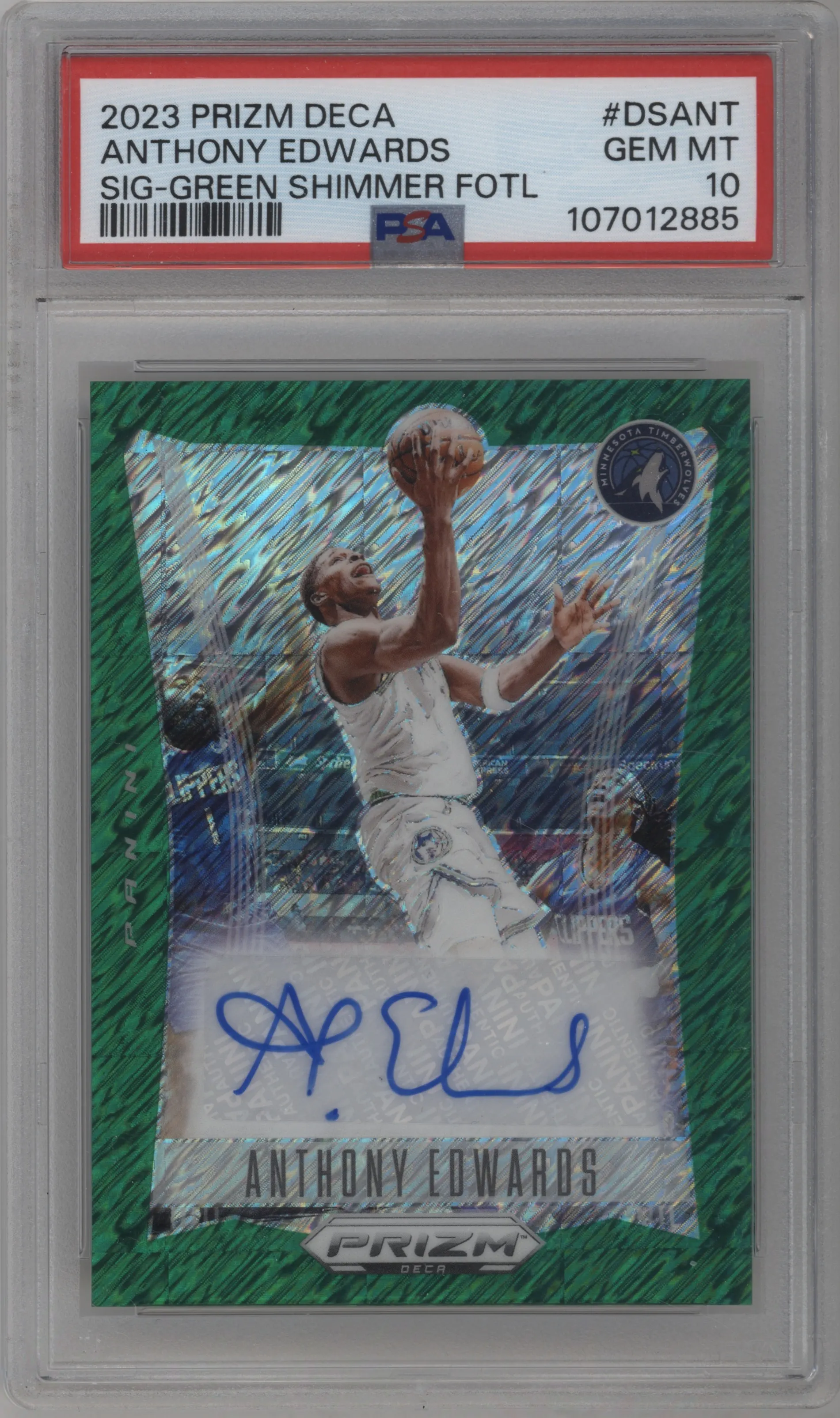 Anthony Edwards from the 2023-24 Panini Prizm Deca set featuring a FOTL Green Shimmer parallel graded by PSA and given an overall grade of 10.