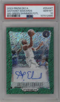 Anthony Edwards from the 2023-24 Panini Prizm Deca set featuring a FOTL Green Shimmer parallel graded by PSA and given an overall grade of 10.