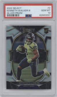 Kenneth Walker III from the 2022 Panini Select set featuring a Silver Prizm parallel graded by PSA and given an overall grade of 10.