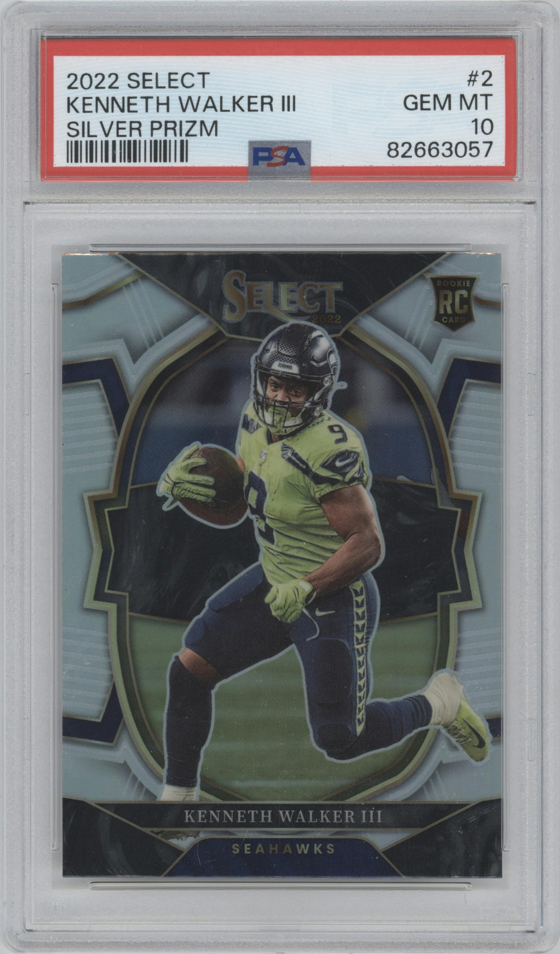 Kenneth Walker III from the 2022 Panini Select set featuring a Silver Prizm parallel graded by PSA and given an overall grade of 10.