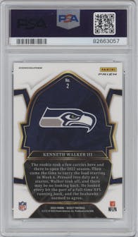 Kenneth Walker III from the 2022 Panini Select set featuring a Silver Prizm parallel graded by PSA and given an overall grade of 10.