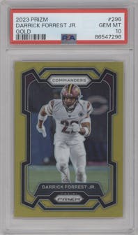 Darrick Forrest Jr. from the 2023 Panini Prizm set featuring a Gold Prizm parallel graded by PSA and given an overall grade of 10.