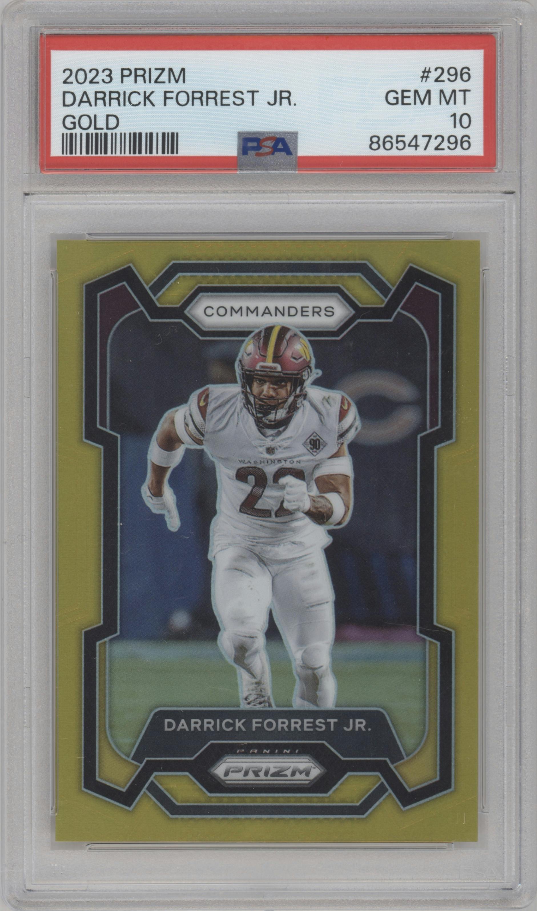 Darrick Forrest Jr. from the 2023 Panini Prizm set featuring a Gold Prizm parallel graded by PSA and given an overall grade of 10.