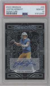 Justin Herbert from the 2023 Panini Obsidian set graded by PSA and given an overall grade of 10.
