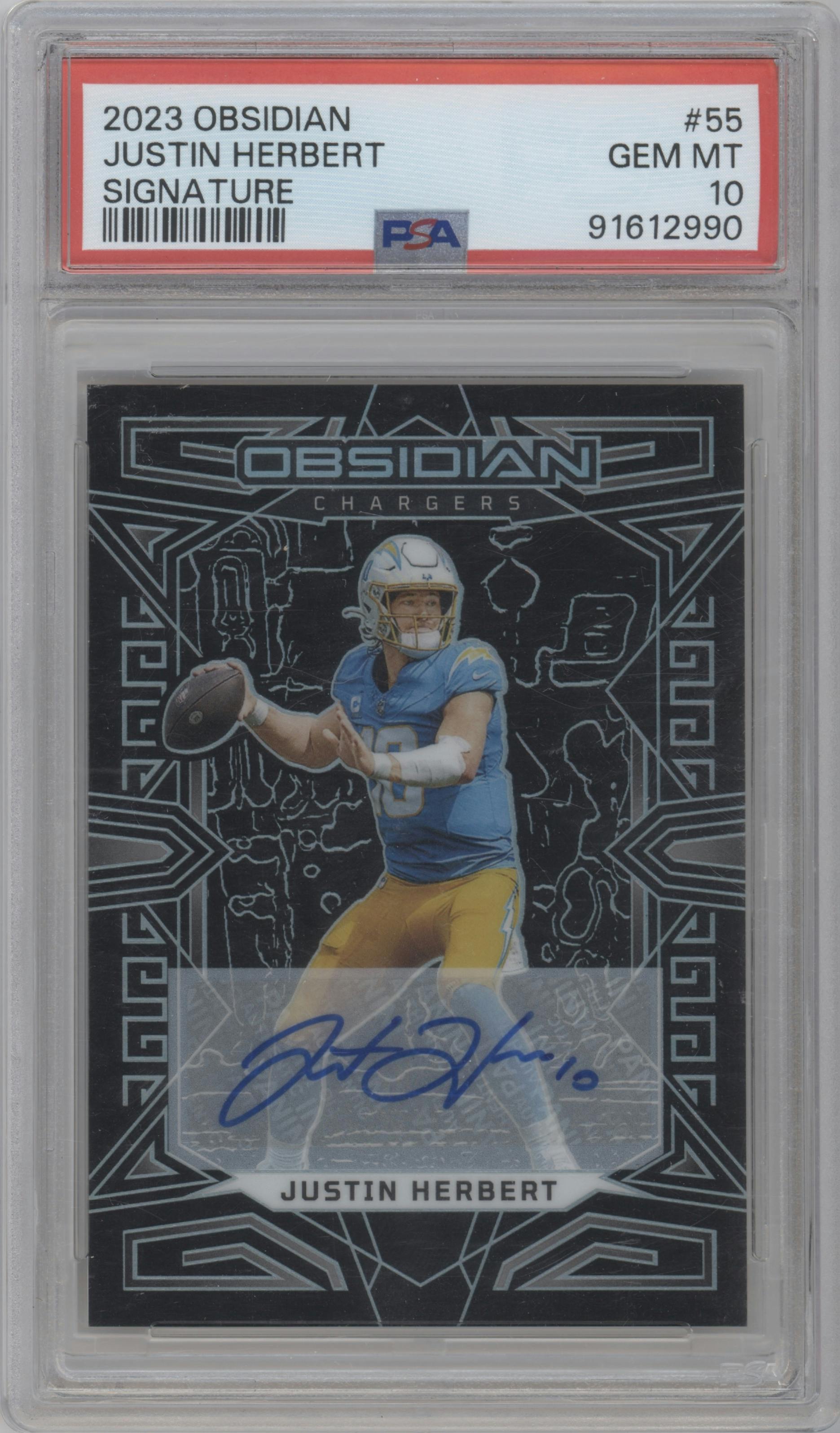 Justin Herbert from the 2023 Panini Obsidian set graded by PSA and given an overall grade of 10.