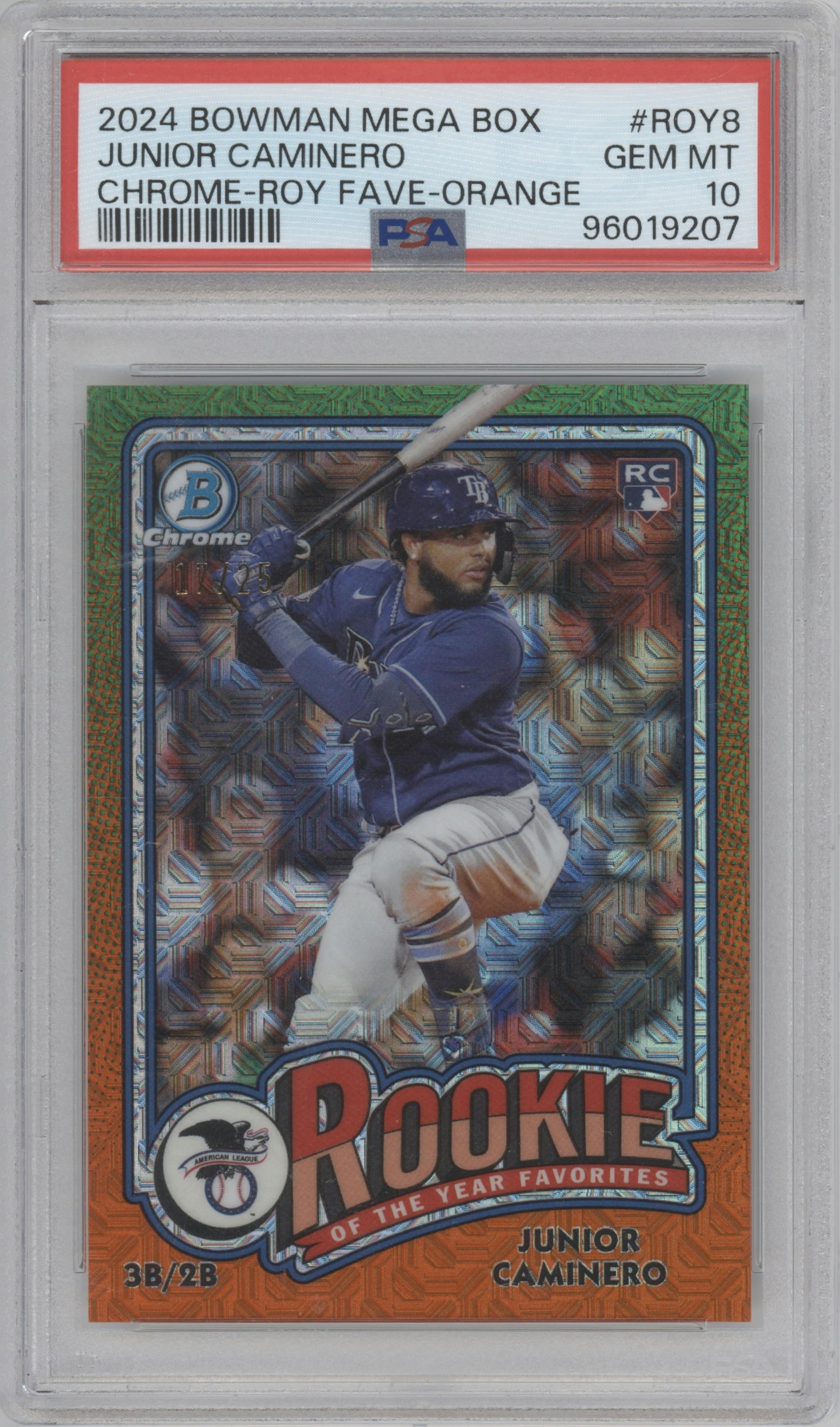 Junior Caminero from the 2024 Bowman Mega Box set featuring a Orange Refractor parallel graded by PSA and given an overall grade of 10.