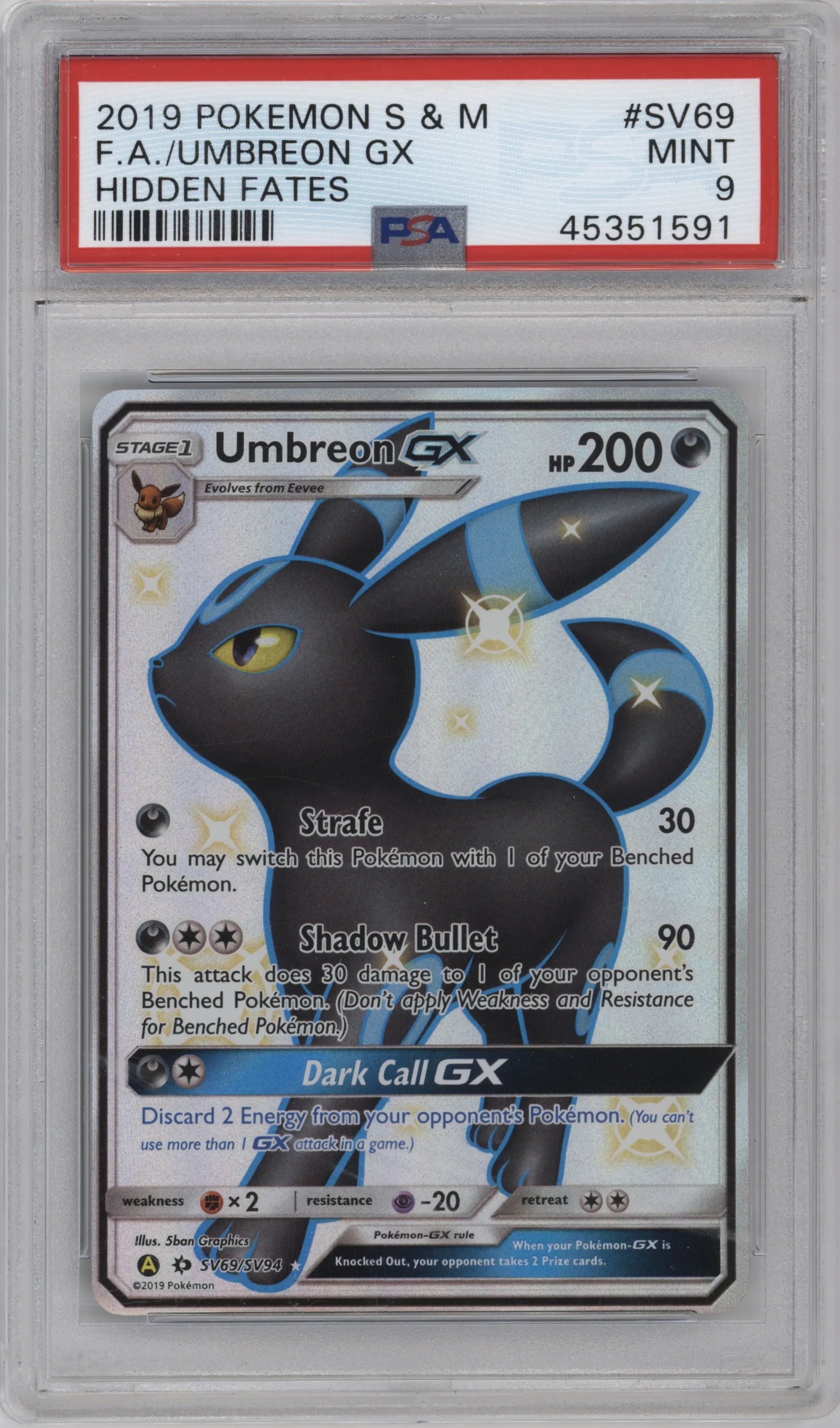 2019 Pokemon S&M Hidden Fates Umbreon GX #SV69 PSA 9