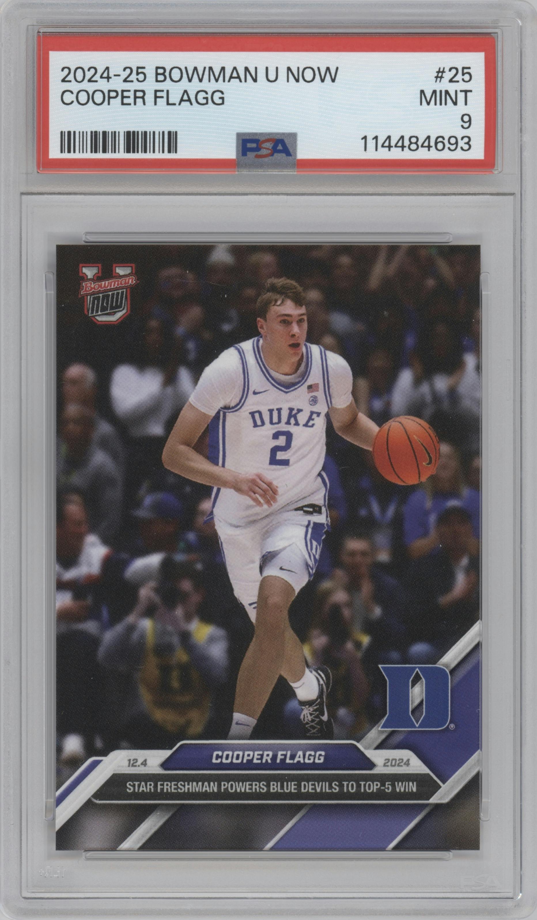 Cooper Flagg from the 2024-25 Bowman U Now set graded by PSA and given an overall grade of 9.