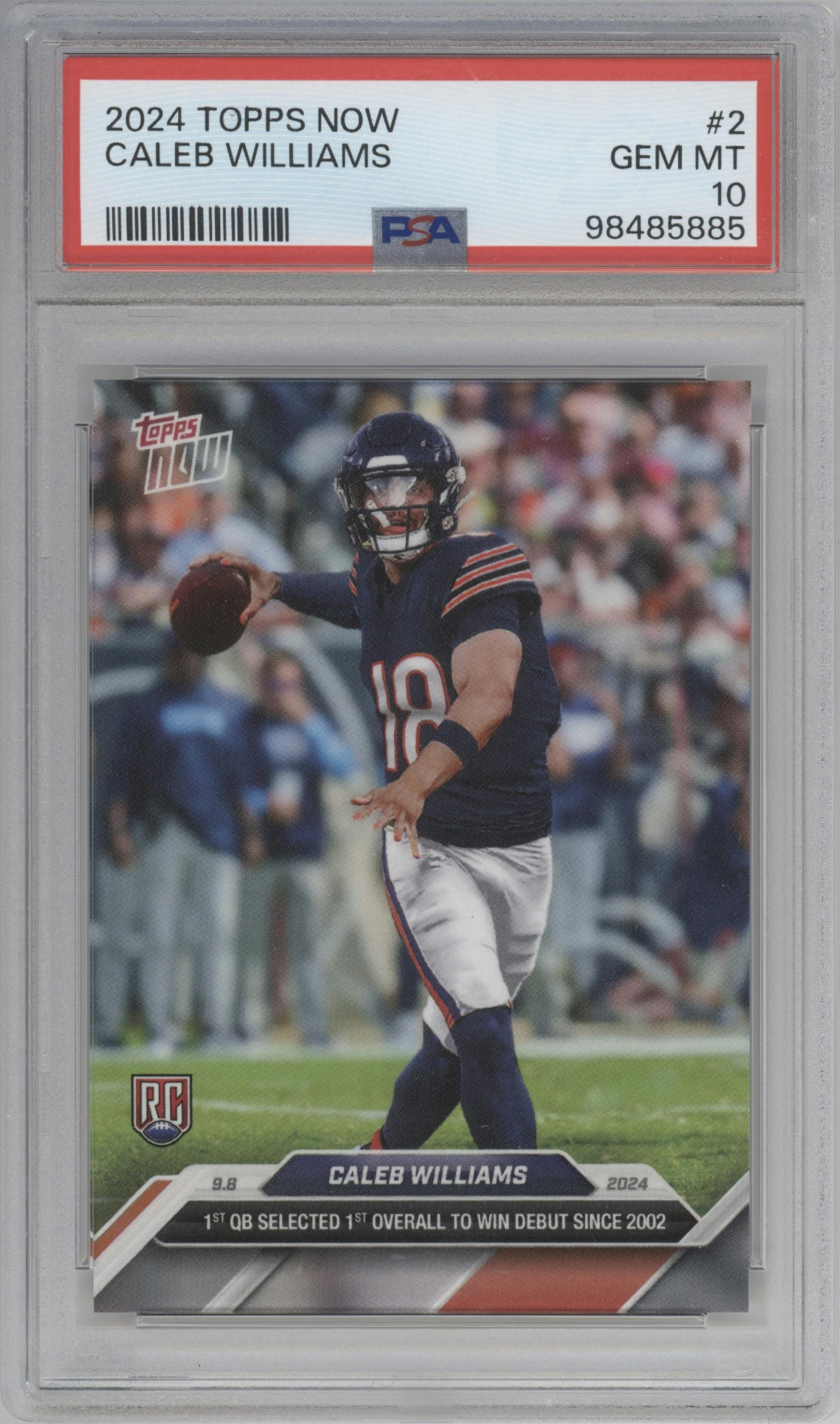 Caleb Williams from the 2024 Topps Now set graded by PSA and given an overall grade of 10.