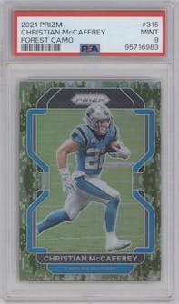 Christian McCaffrey from the 2021 Panini Prizm set featuring a Forest Camo parallel graded by PSA and given an overall grade of 9.