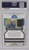 Christian McCaffrey from the 2021 Panini Prizm set featuring a Forest Camo parallel graded by PSA and given an overall grade of 9.