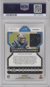 Christian McCaffrey from the 2021 Panini Prizm set featuring a Forest Camo parallel graded by PSA and given an overall grade of 9.