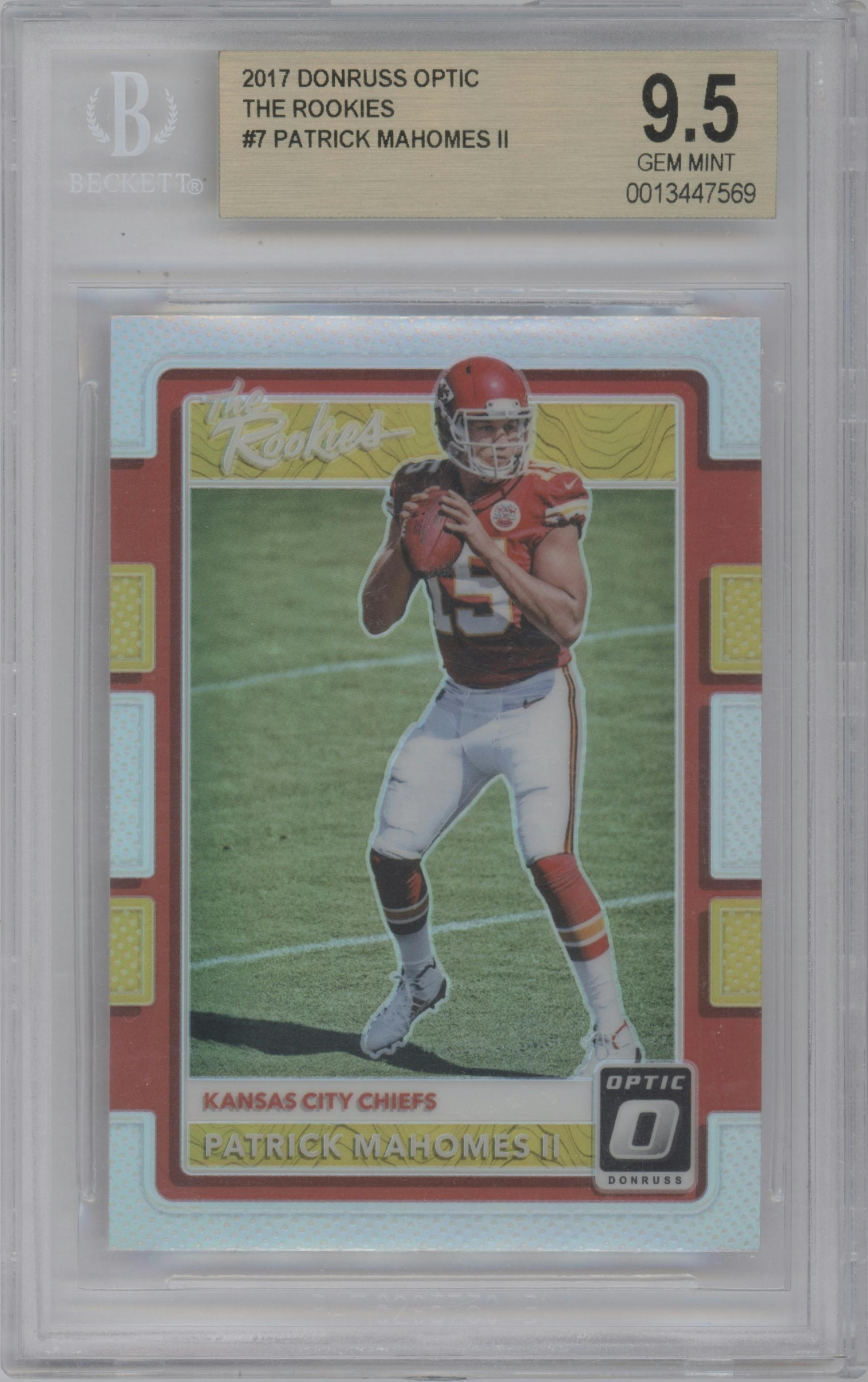 Patrick Mahomes II from the 2017 Panini Donruss Optic set graded by Beckett and given an overall grade of 9.5.