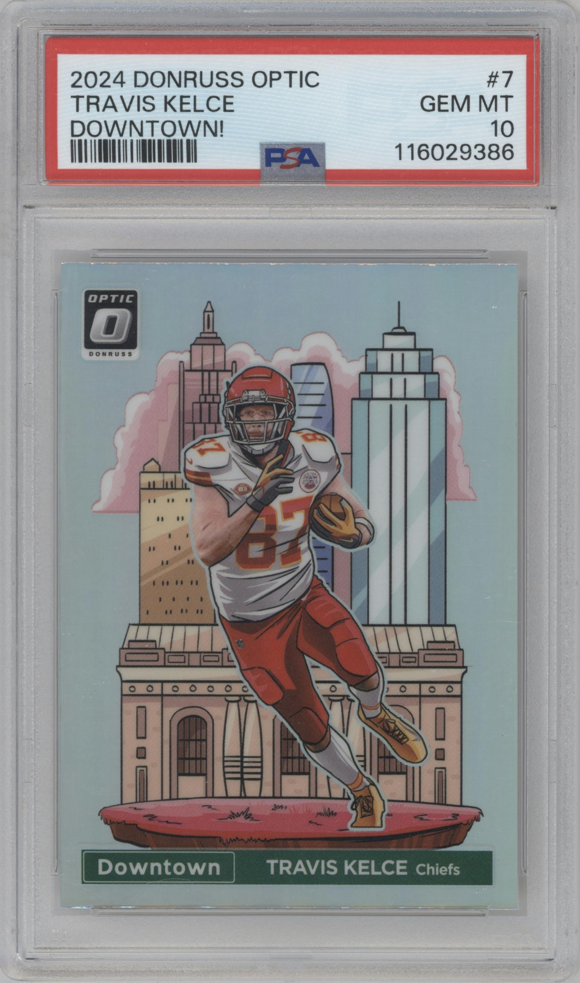 Travis Kelce from the 2024 Donruss Optic set graded by PSA and given an overall grade of 10.
