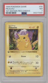 Pikachu from the 1999 Pokemon set featuring a Red Cheeks parallel graded by PSA and given an overall grade of 7.