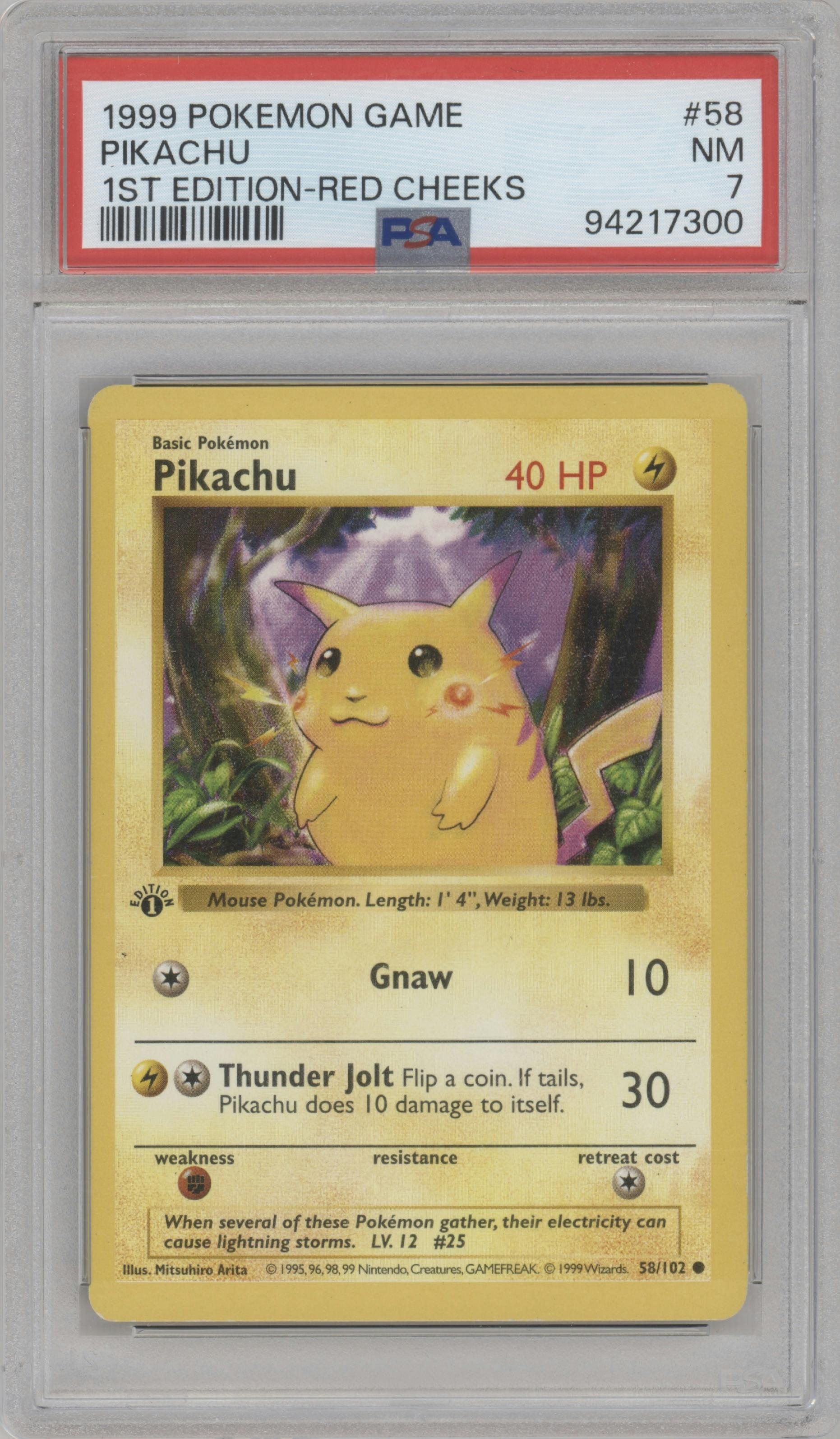 Pikachu from the 1999 Pokemon set featuring a Red Cheeks parallel graded by PSA and given an overall grade of 7.