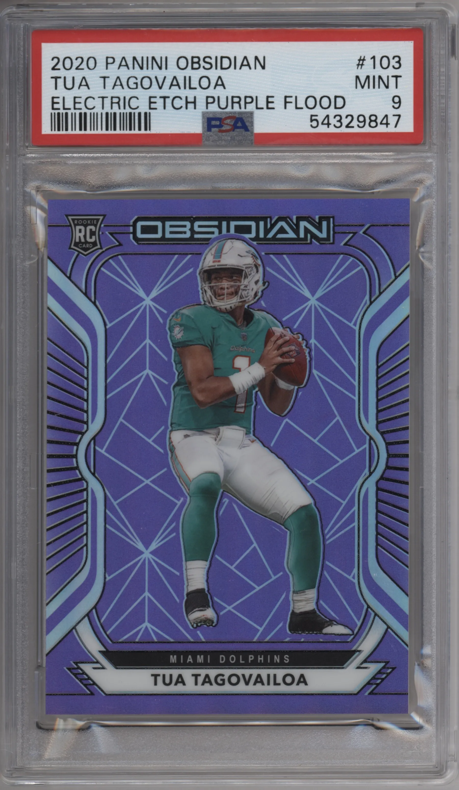 2020 Panini Obsidian Tua Tagovailoa Electric Etch Purple Flood PSA 9