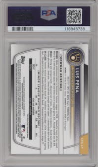 Luis Pena from the 2025 Bowman set featuring a HTA Choice Refractor parallel graded by PSA and given an overall grade of 10.
