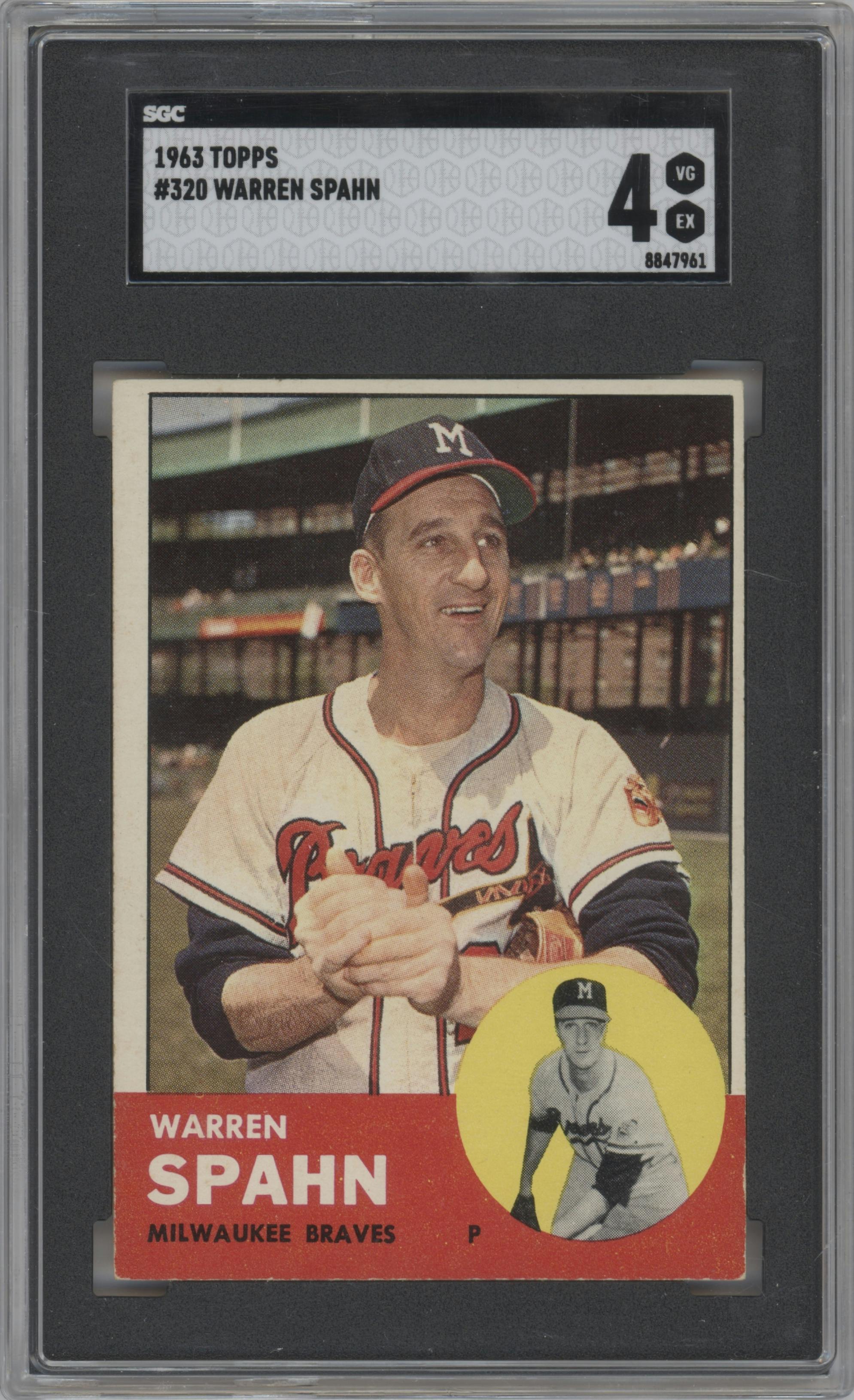 Warren Spahn from the 1963 Topps set graded by SGC and given an overall grade of 4.