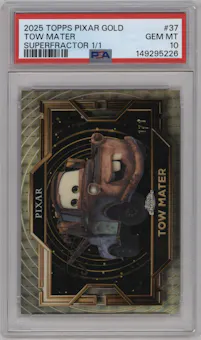 Tow Mater from the 2025 Topps Pixar Gold set featuring a SuperFractor parallel graded by PSA and given an overall grade of 10.