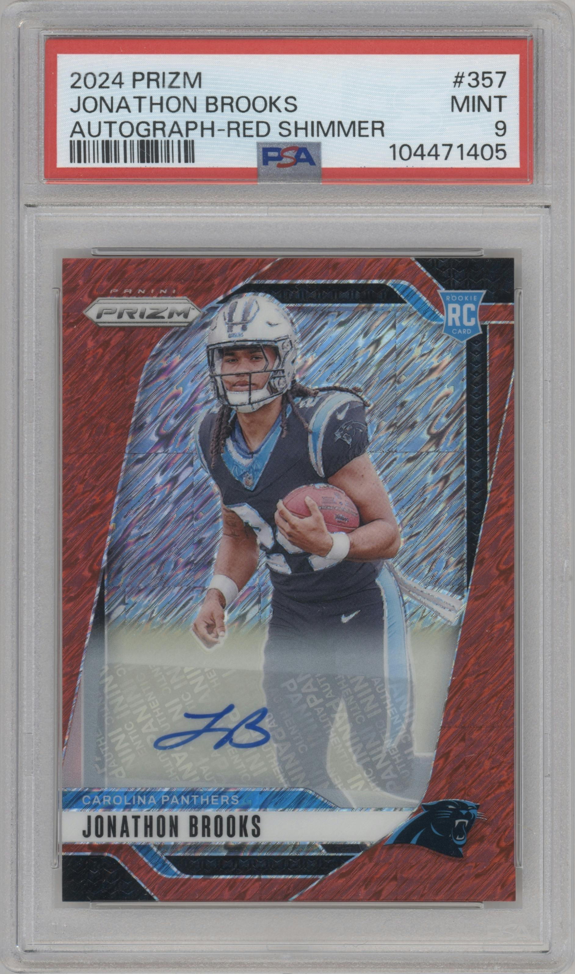 Jonathon Brooks from the 2024 Panini Prizm set featuring a Red Shimmer parallel graded by PSA and given an overall grade of 9.