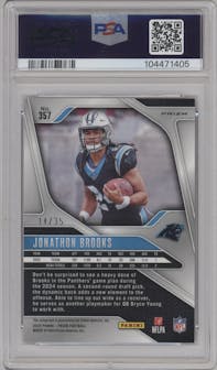 Jonathon Brooks from the 2024 Panini Prizm set featuring a Red Shimmer parallel graded by PSA and given an overall grade of 9.