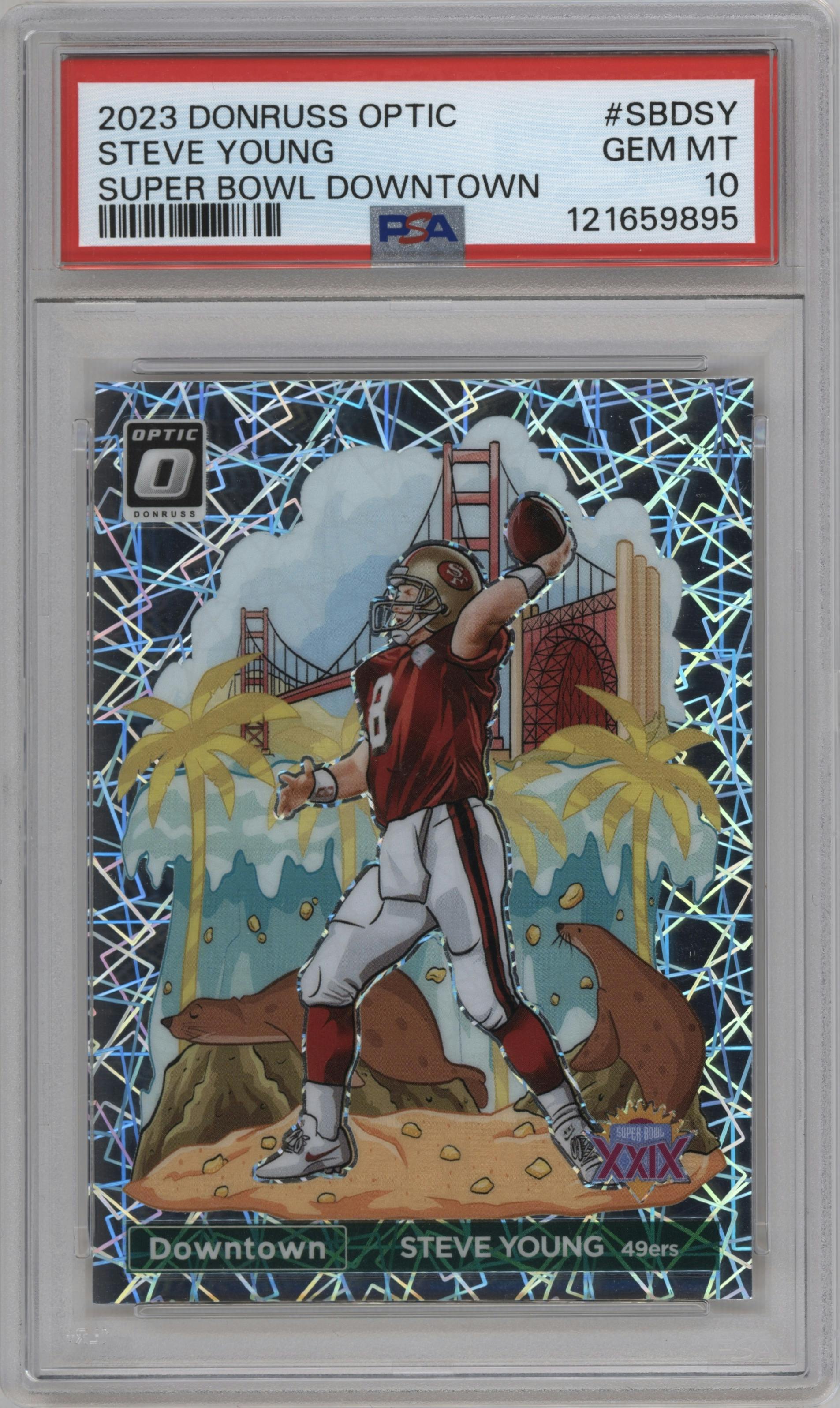 Steve Young from the 2023 Donruss Optic set graded by PSA and given an overall grade of 10.