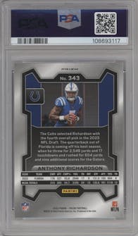 Anthony Richardson from the 2023 Panini Prizm set featuring a Silver Prizm parallel graded by PSA and given an overall grade of 10.