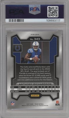 Anthony Richardson from the 2023 Panini Prizm set featuring a Silver Prizm parallel graded by PSA and given an overall grade of 10.