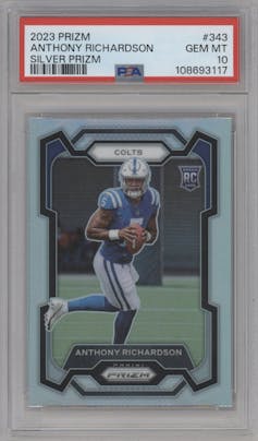 Anthony Richardson from the 2023 Panini Prizm set featuring a Silver Prizm parallel graded by PSA and given an overall grade of 10.