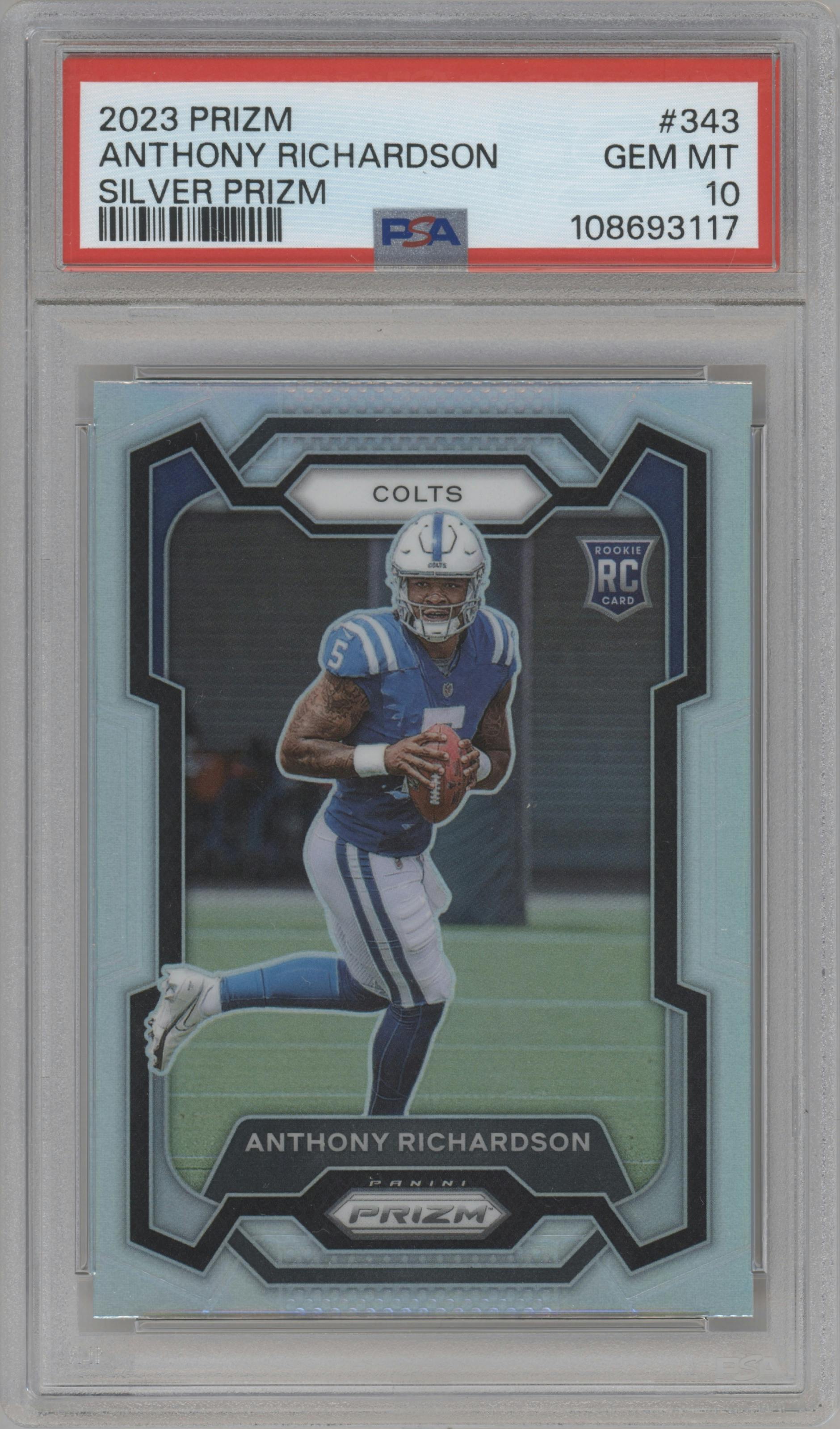 Anthony Richardson from the 2023 Panini Prizm set featuring a Silver Prizm parallel graded by PSA and given an overall grade of 10.