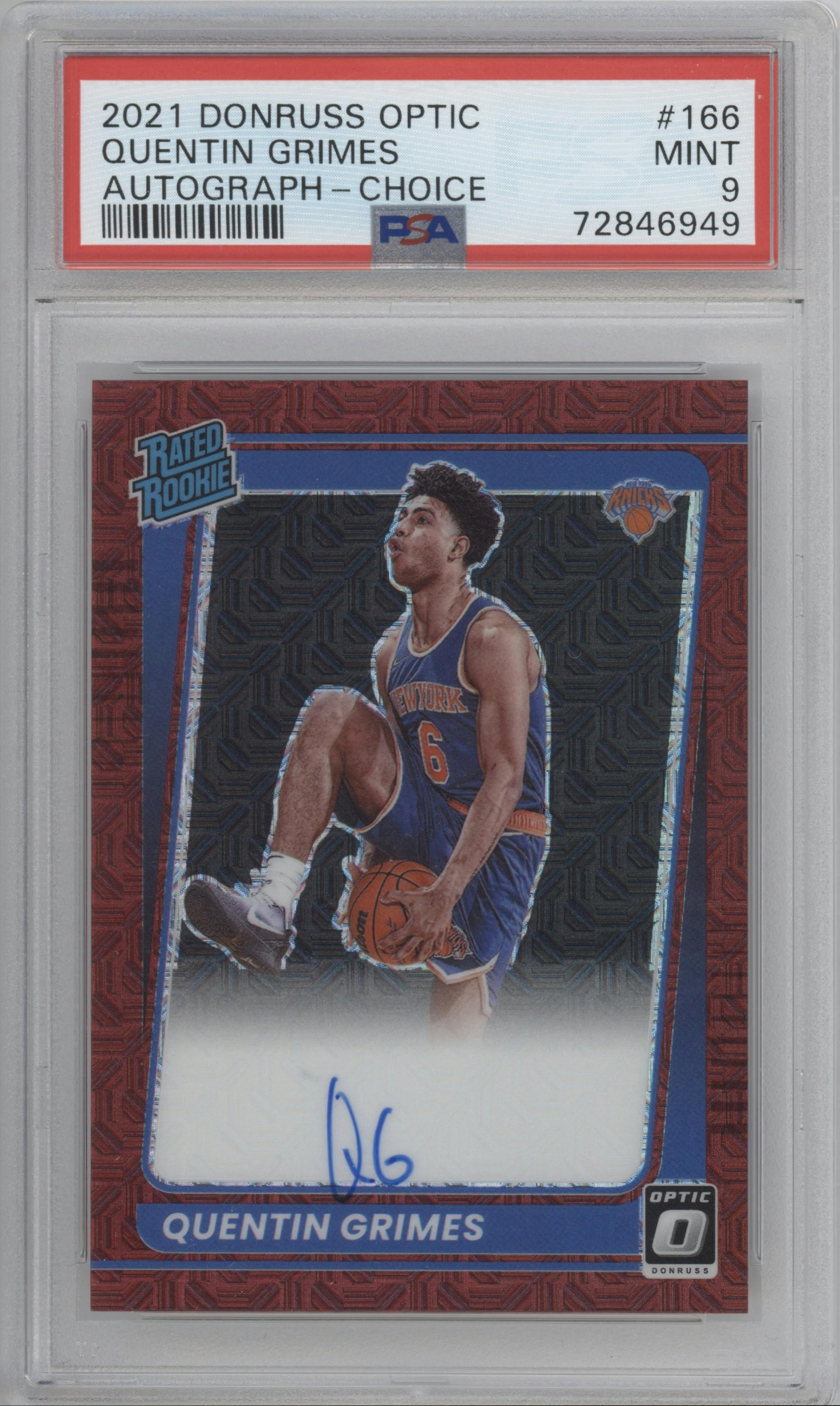 Quentin Grimes from the 2021-22 Panini Donruss Optic set featuring a Choice parallel graded by PSA and given an overall grade of 9.
