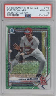 Jordan Walker from the 2021 Bowman Chrome Mega Box set featuring a Green Refractor parallel graded by PSA and given an overall grade of 10.