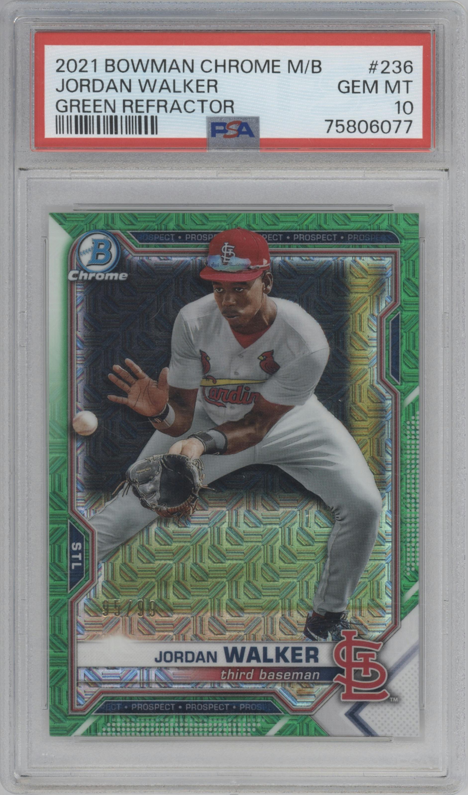 Jordan Walker from the 2021 Bowman Chrome Mega Box set featuring a Green Refractor parallel graded by PSA and given an overall grade of 10.