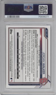 Jordan Walker from the 2021 Bowman Chrome Mega Box set featuring a Green Refractor parallel graded by PSA and given an overall grade of 10.
