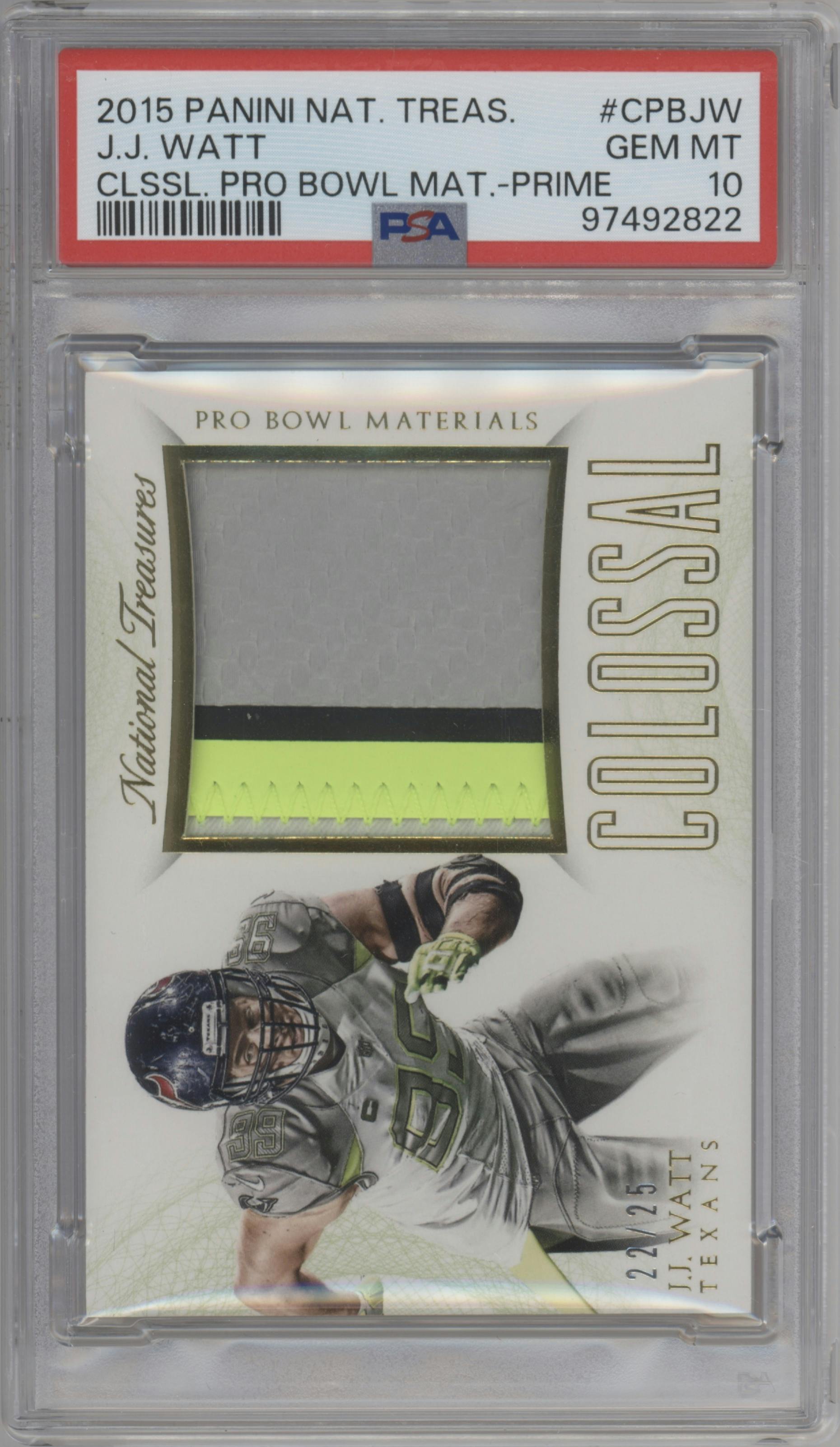 J.J. Watt from the 2015 Panini National Treasures set featuring a Prime parallel graded by PSA and given an overall grade of 10.