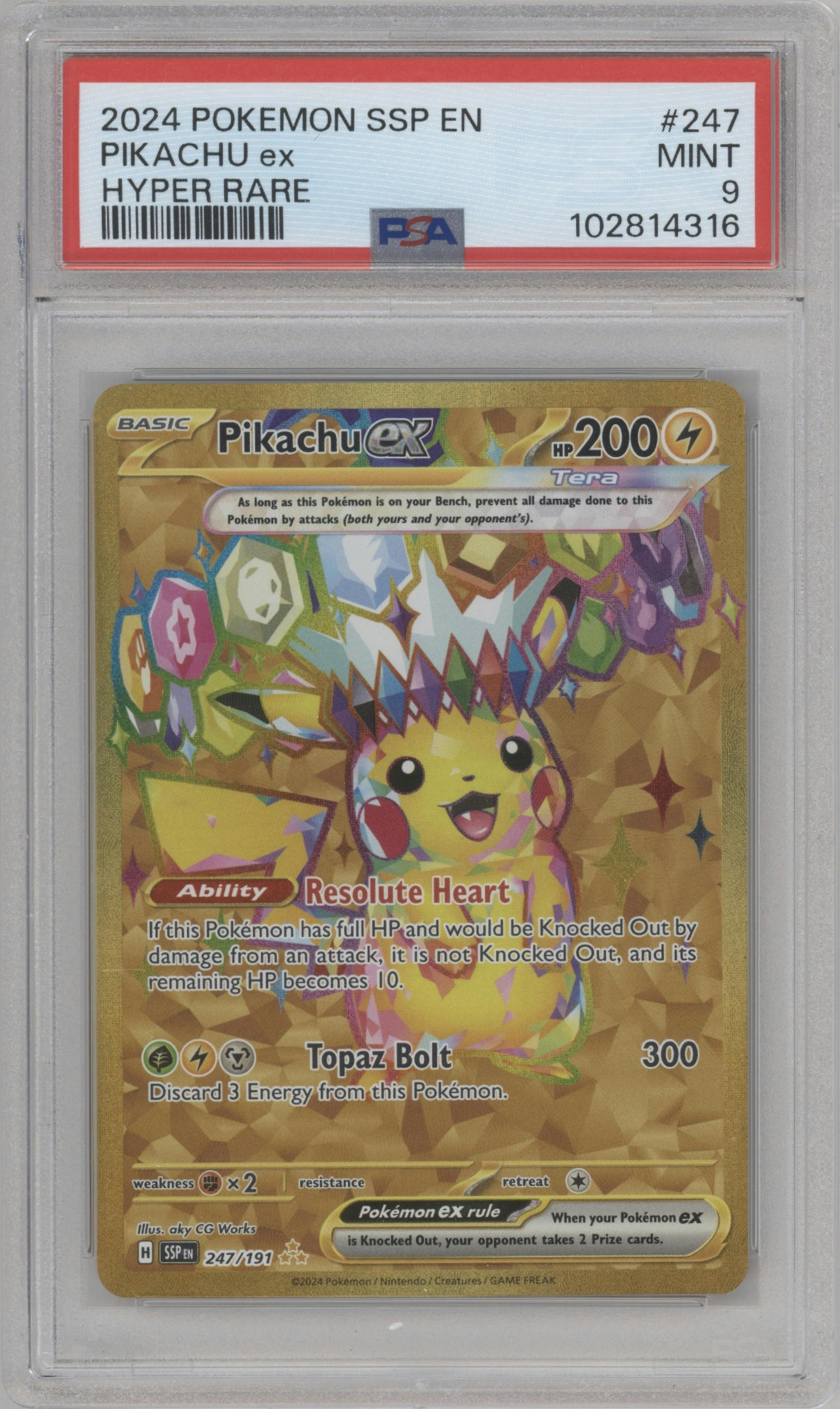 Pikachu ex from the 2024 Pokemon SV set graded by PSA and given an overall grade of 9.