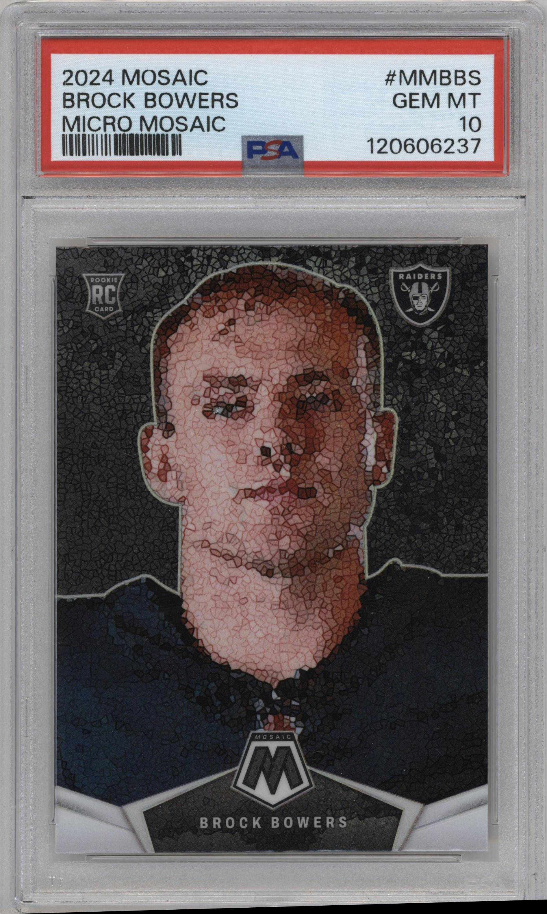 Brock Bowers	 from the 2024 Panini Mosaic set graded by PSA and given an overall grade of 10.