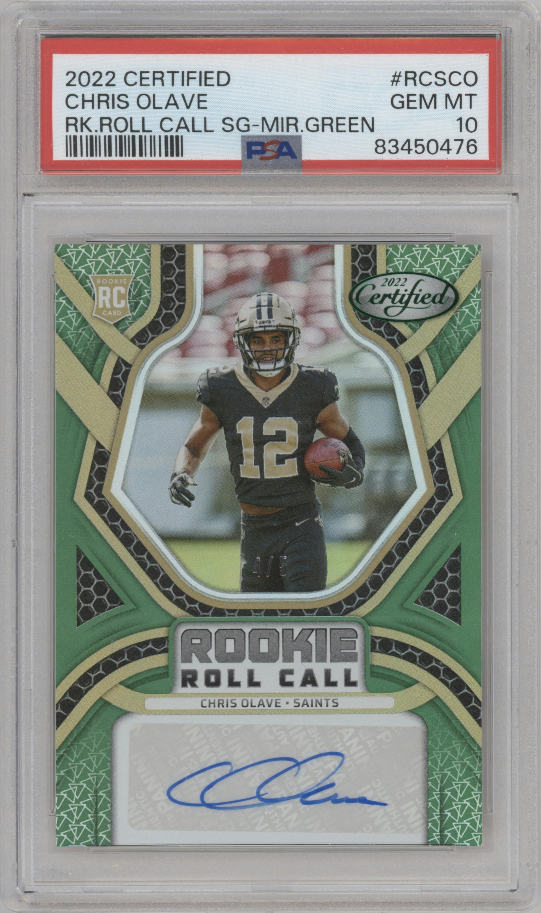 Chris Olave from the 2022 Panini Certified set featuring a Mirror Green parallel graded by PSA and given an overall grade of 10.