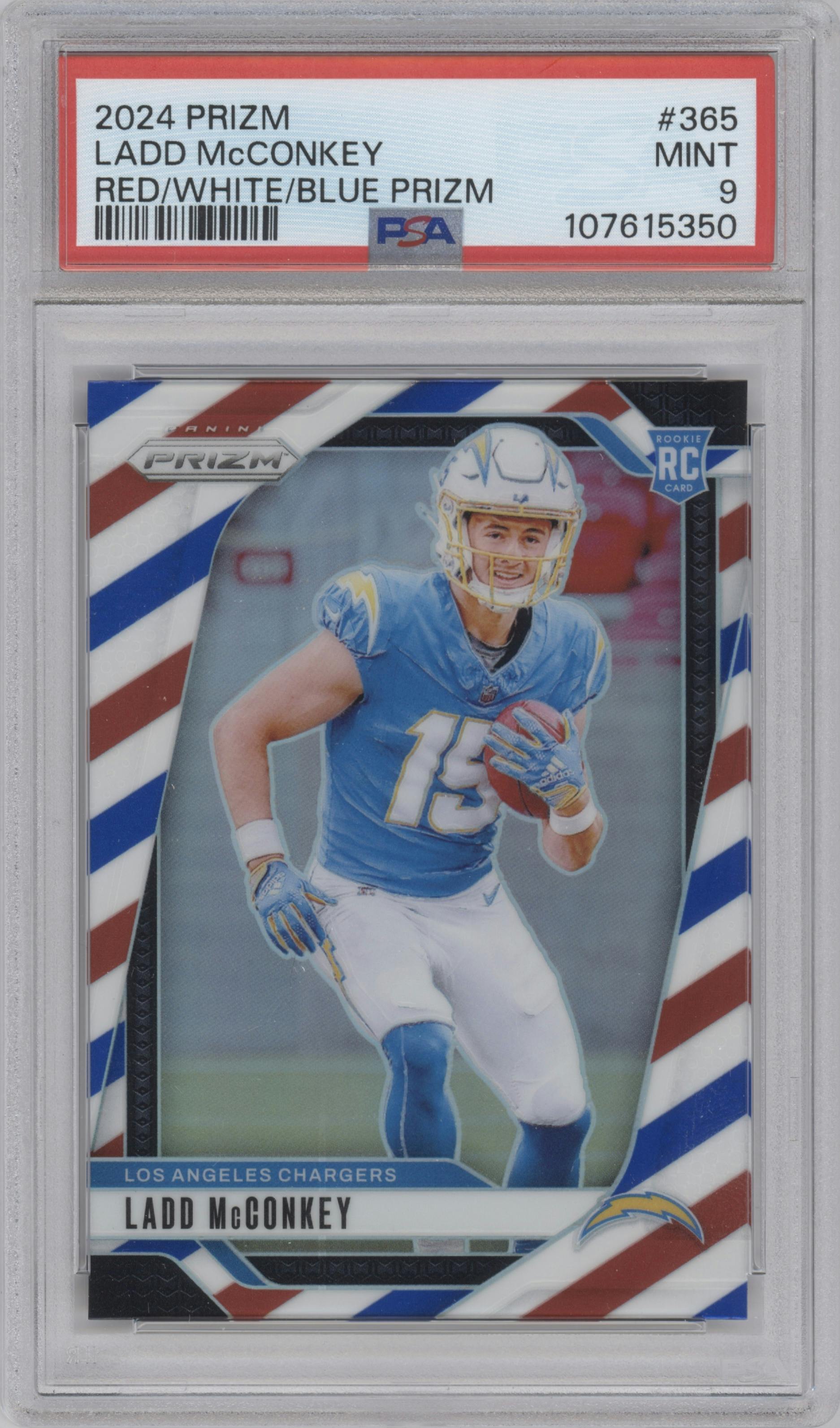 Ladd McConkey from the 2024 Panini Prizm set featuring a Red/White/Blue Prizm parallel graded by PSA and given an overall grade of 9.