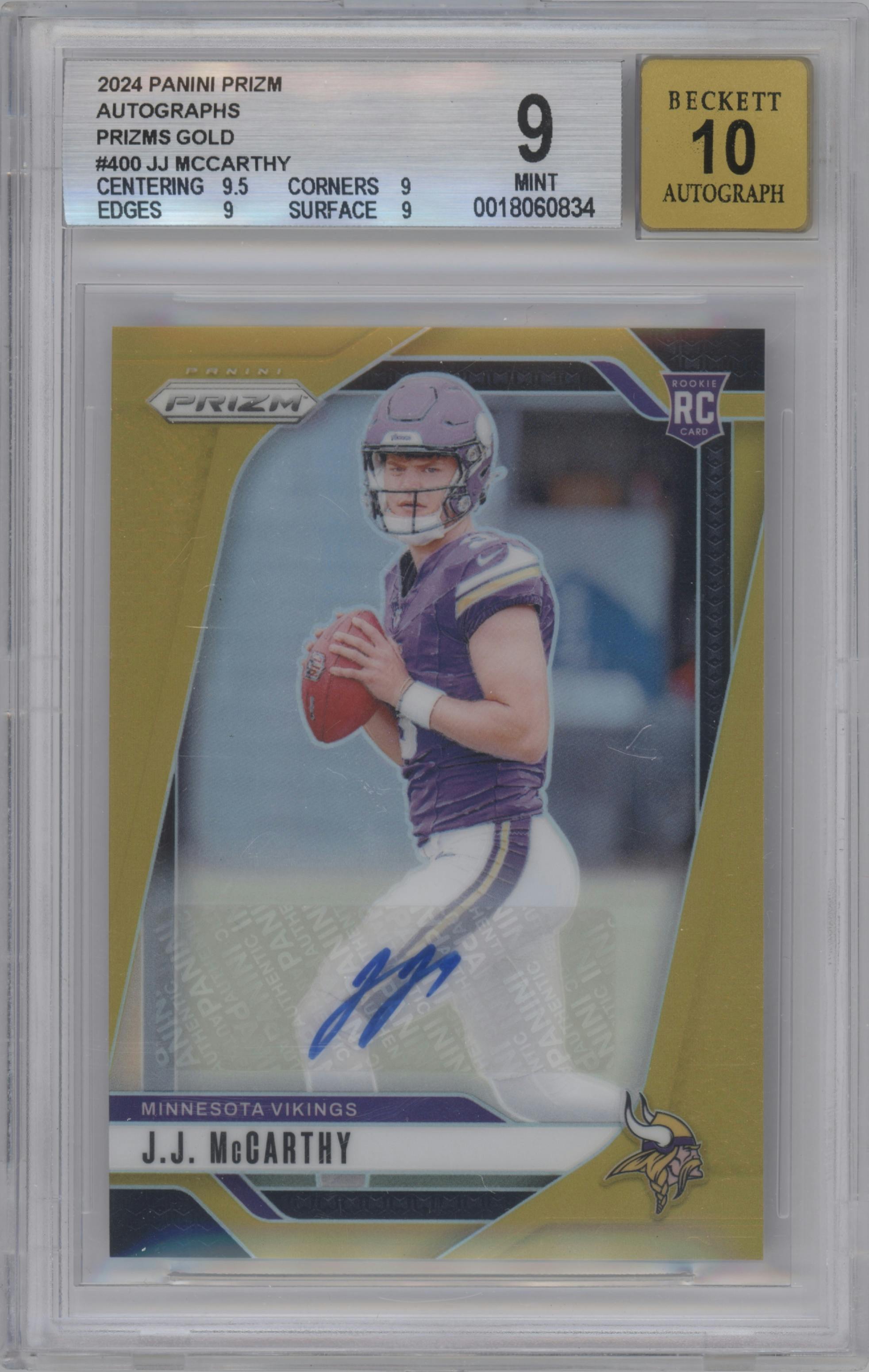 J.J. McCarthy from the 2024 Panini Prizm set featuring a Gold parallel graded by Beckett and given an overall grade of 9.