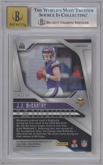 J.J. McCarthy from the 2024 Panini Prizm set featuring a Gold parallel graded by Beckett and given an overall grade of 9.