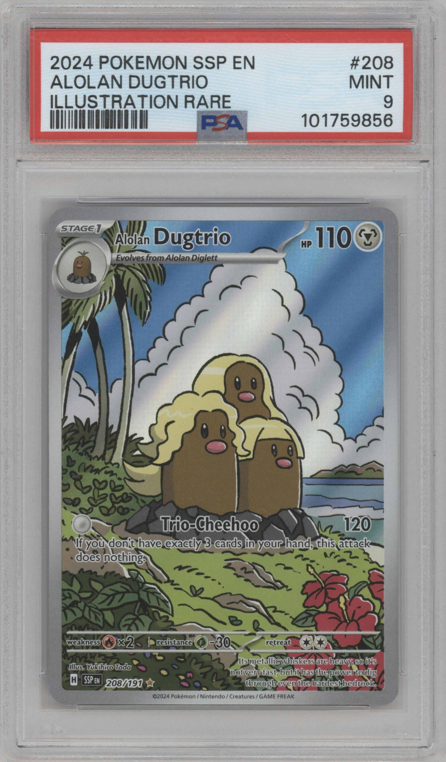 Alolan Dugtrio from the 2024 Pokemon SV set graded by PSA and given an overall grade of 9.