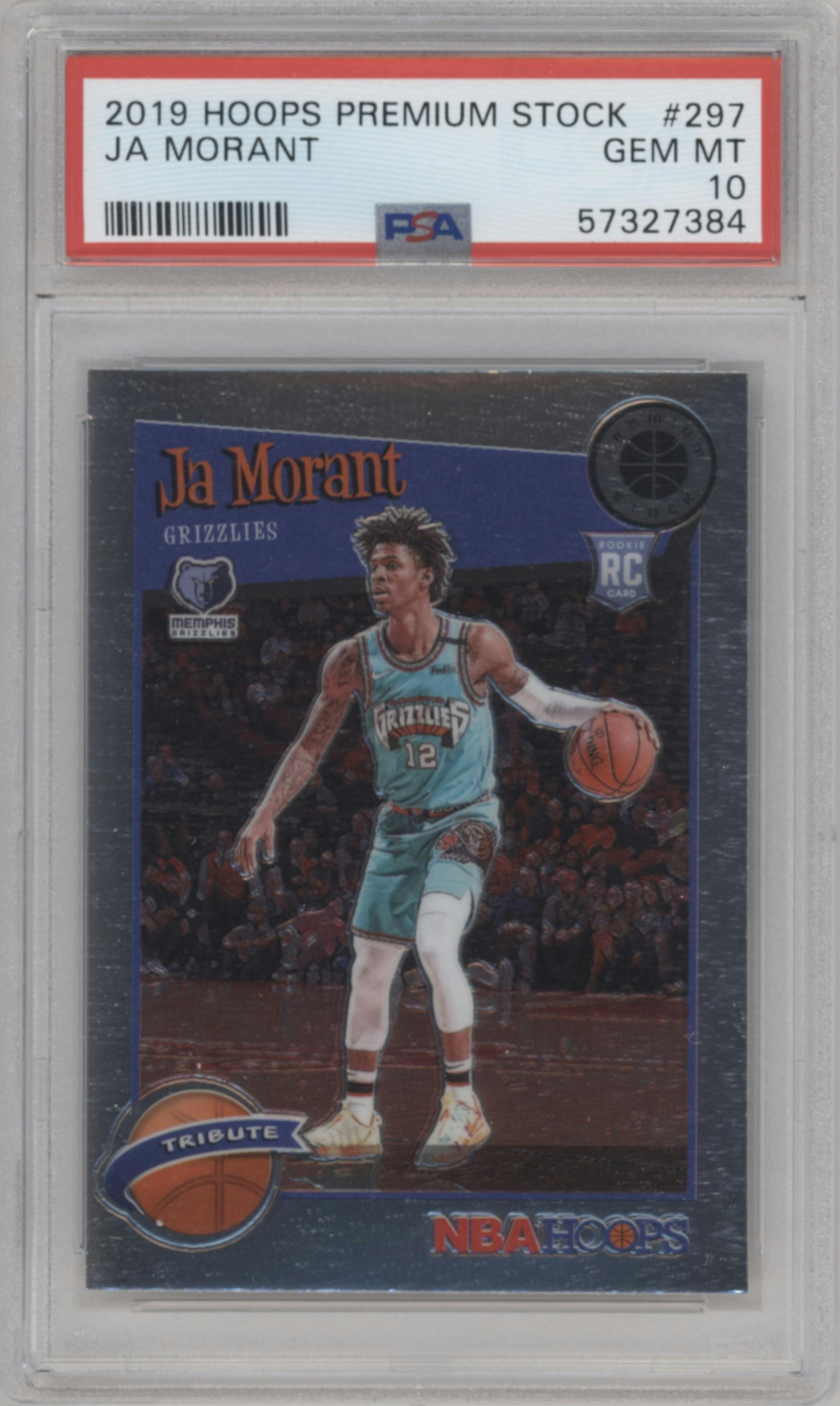 Ja Morant from the 2019-20 Panini Hoops Premium Stock set graded by PSA and given an overall grade of 10.