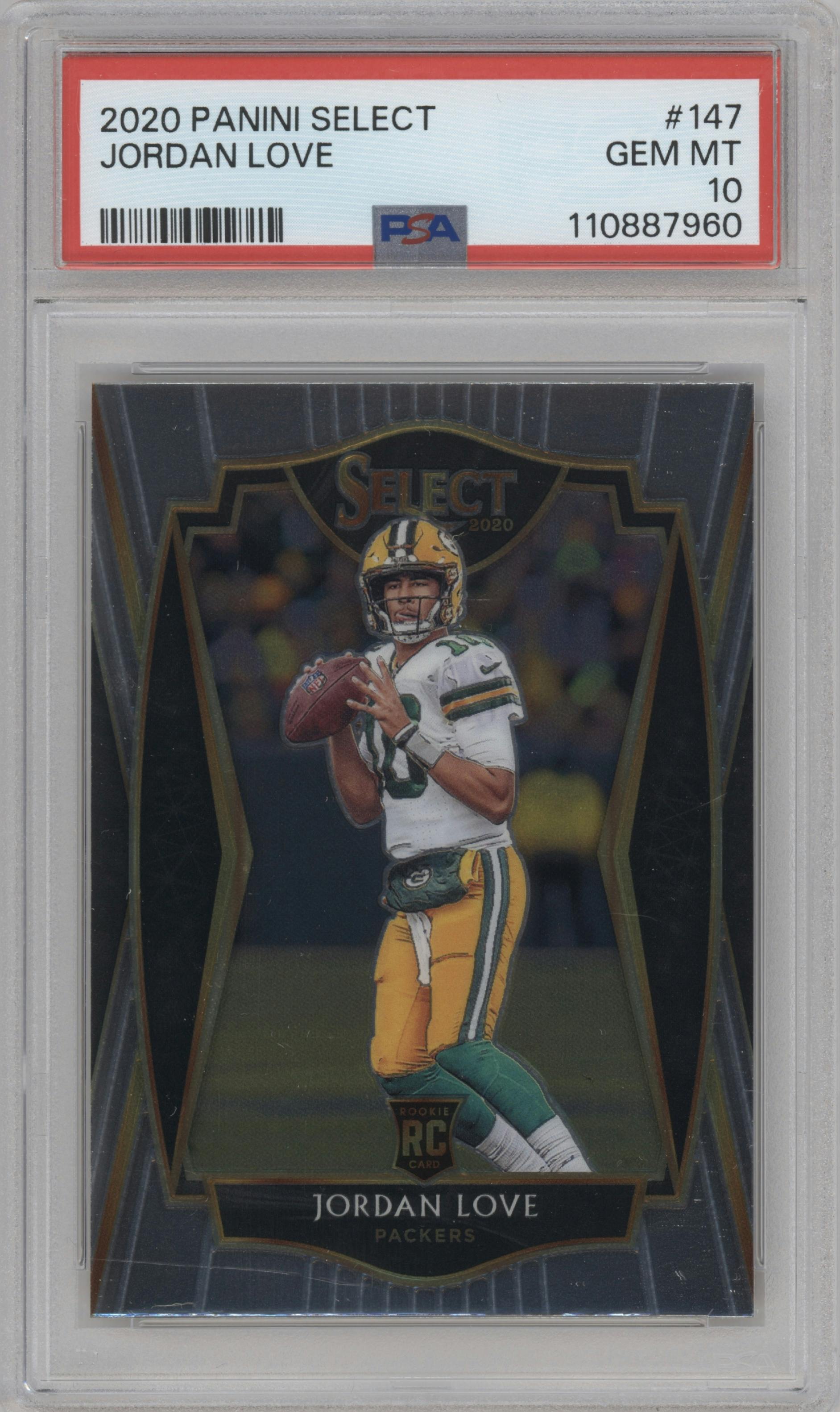 Jordan Love from the 2020 Panini Select set graded by PSA and given an overall grade of 10.
