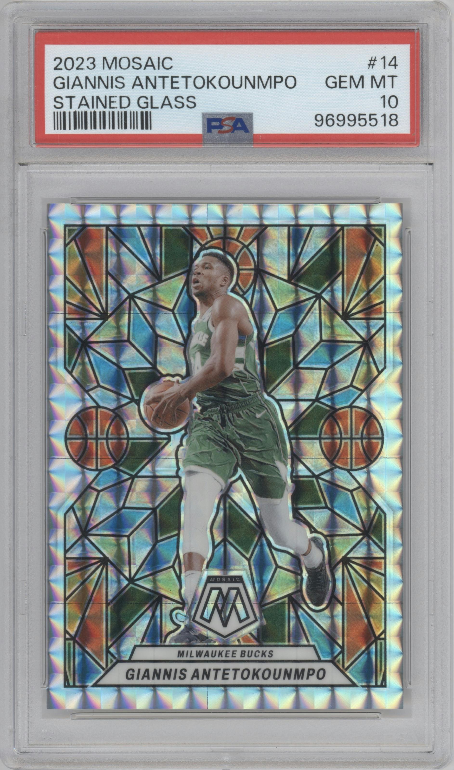 Giannis Antetokounmpo	 from the 2023-24 Panini Mosaic set graded by PSA and given an overall grade of 10.